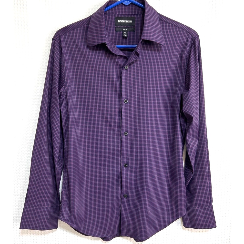 Bonobos Slim Fit Short Long Sleeve Dress Shirt Men XS Fit Blue Plaid Pink x - Picture 1 of 11